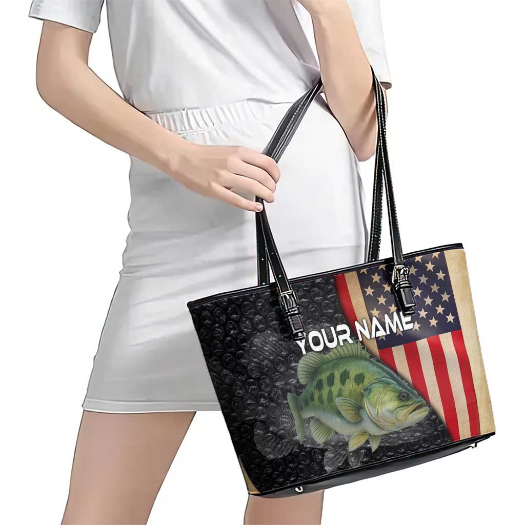Custom Largemouth Bass Fishing Leather Tote Bag American Flag and Bubble Texture Background - Wonder Print Shop