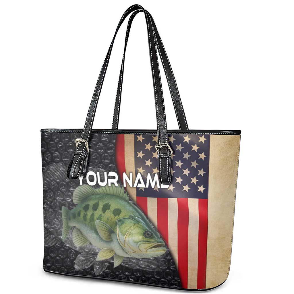 Custom Largemouth Bass Fishing Leather Tote Bag American Flag and Bubble Texture Background - Wonder Print Shop