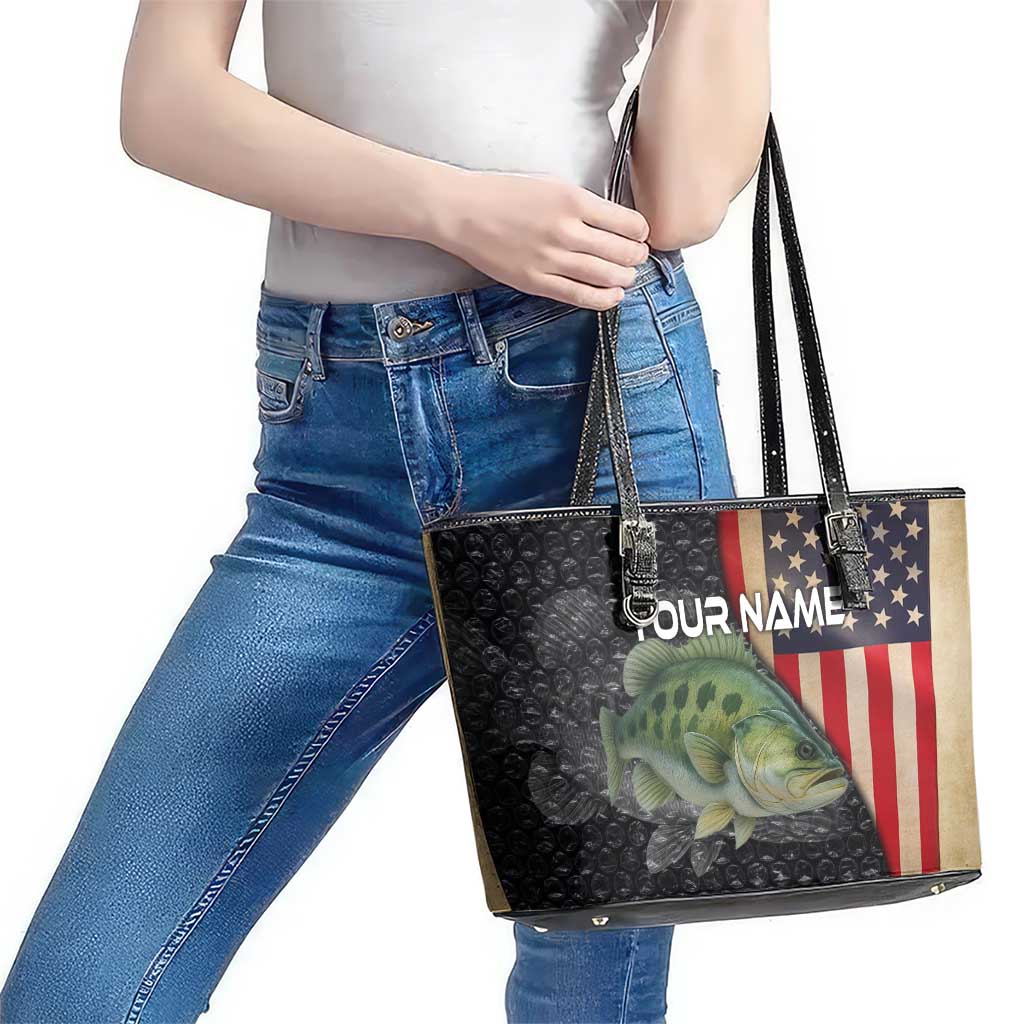 Custom Largemouth Bass Fishing Leather Tote Bag American Flag and Bubble Texture Background - Wonder Print Shop
