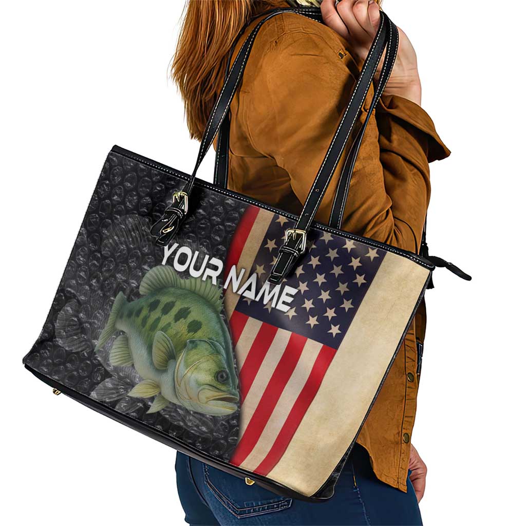 Custom Largemouth Bass Fishing Leather Tote Bag American Flag and Bubble Texture Background - Wonder Print Shop