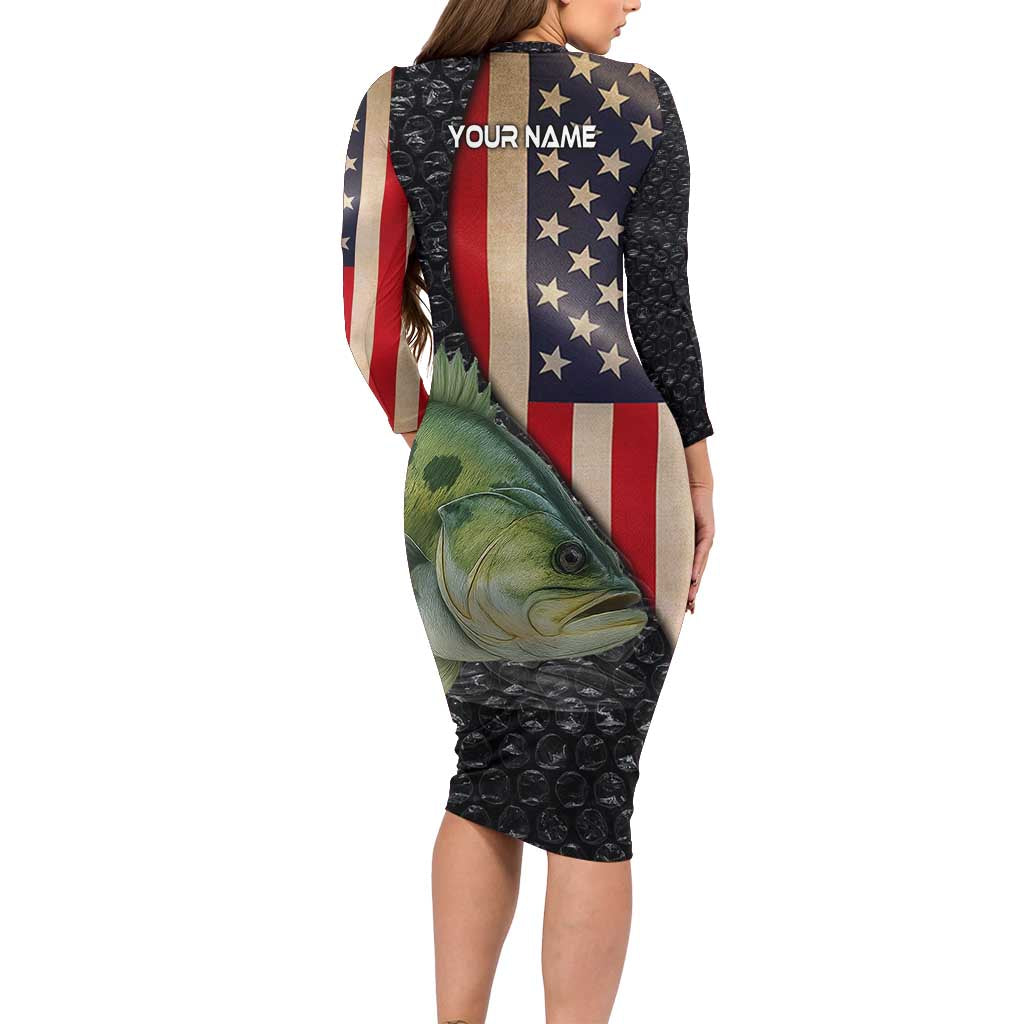 Custom Largemouth Bass Fishing Long Sleeve Bodycon Dress American Flag and Bubble Texture Background - Wonder Print Shop