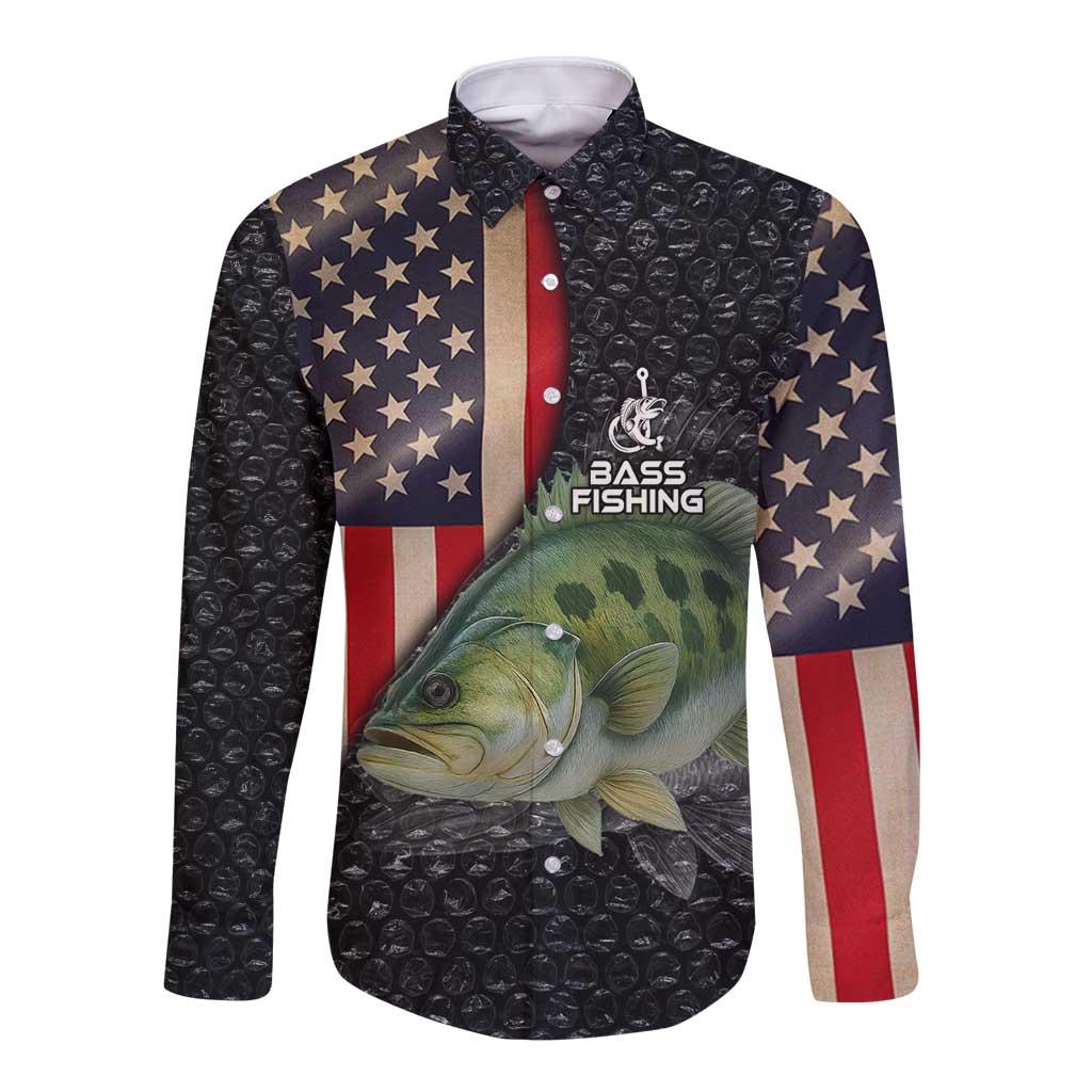 Custom Largemouth Bass Fishing Long Sleeve Button Shirt American Flag and Bubble Texture Background - Wonder Print Shop