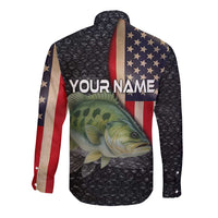 Custom Largemouth Bass Fishing Long Sleeve Button Shirt American Flag and Bubble Texture Background - Wonder Print Shop
