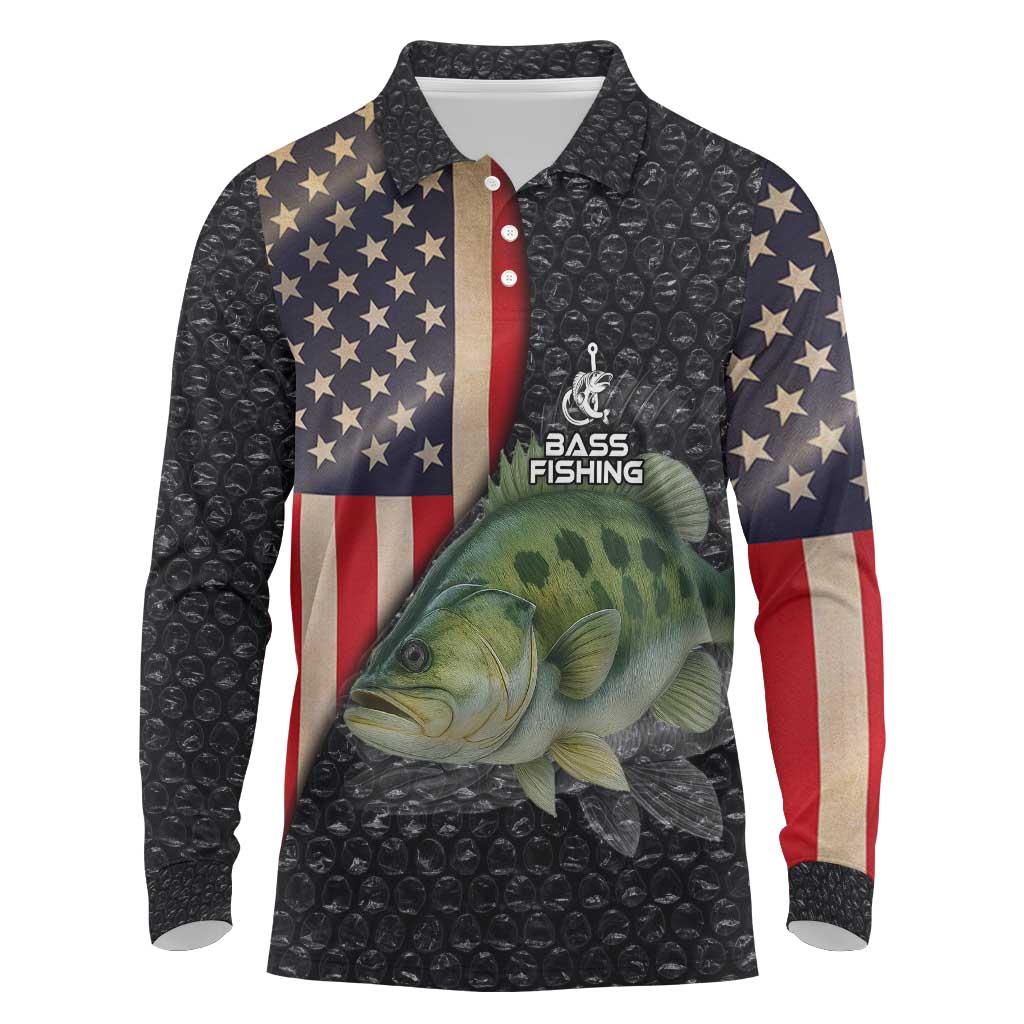 Custom Largemouth Bass Fishing Long Sleeve Polo Shirt American Flag and Bubble Texture Background - Wonder Print Shop