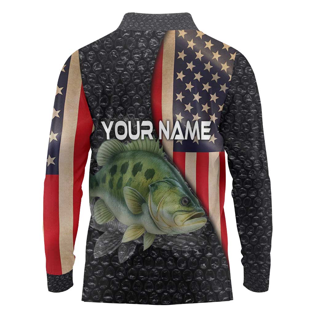 Custom Largemouth Bass Fishing Long Sleeve Polo Shirt American Flag and Bubble Texture Background - Wonder Print Shop