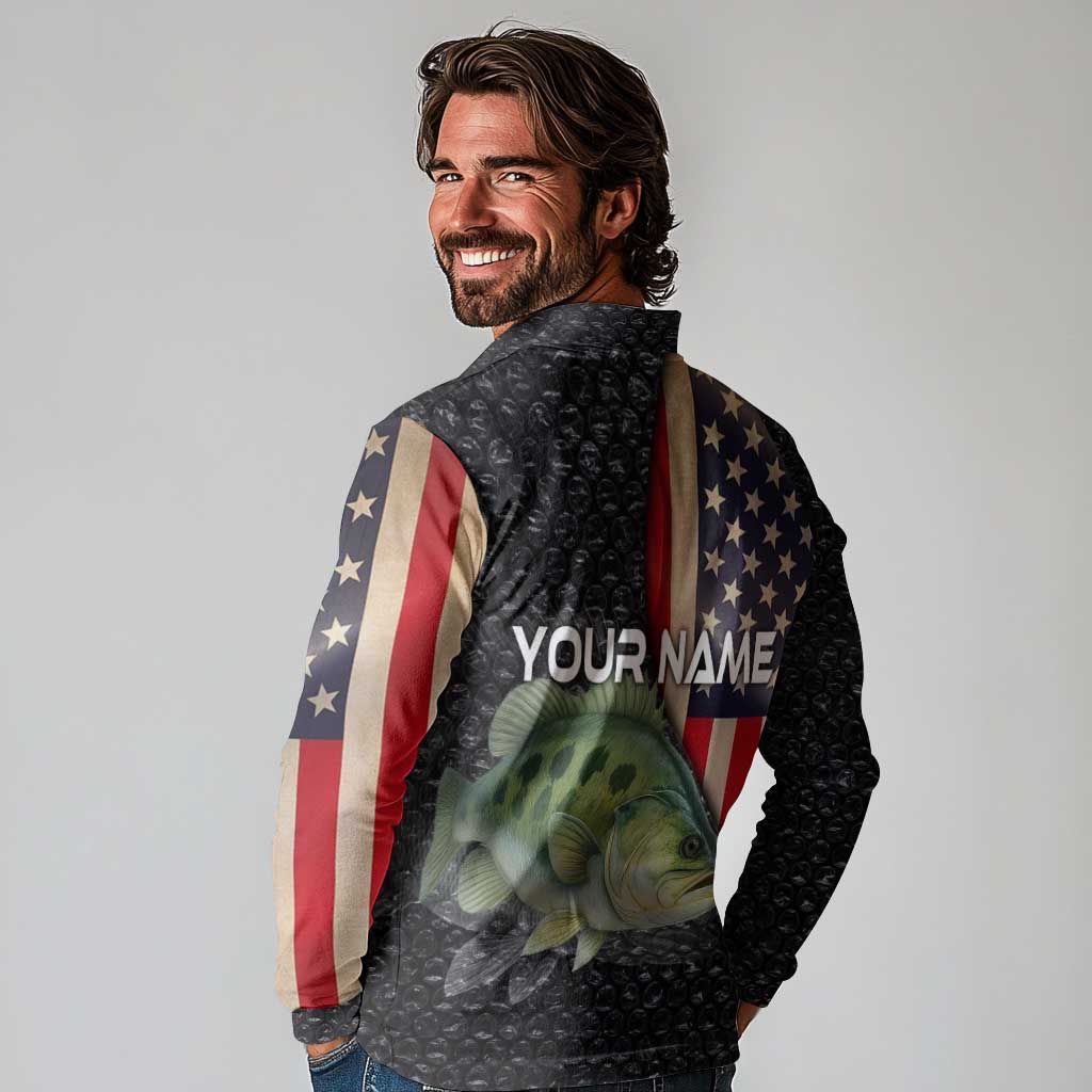Custom Largemouth Bass Fishing Long Sleeve Polo Shirt American Flag and Bubble Texture Background - Wonder Print Shop