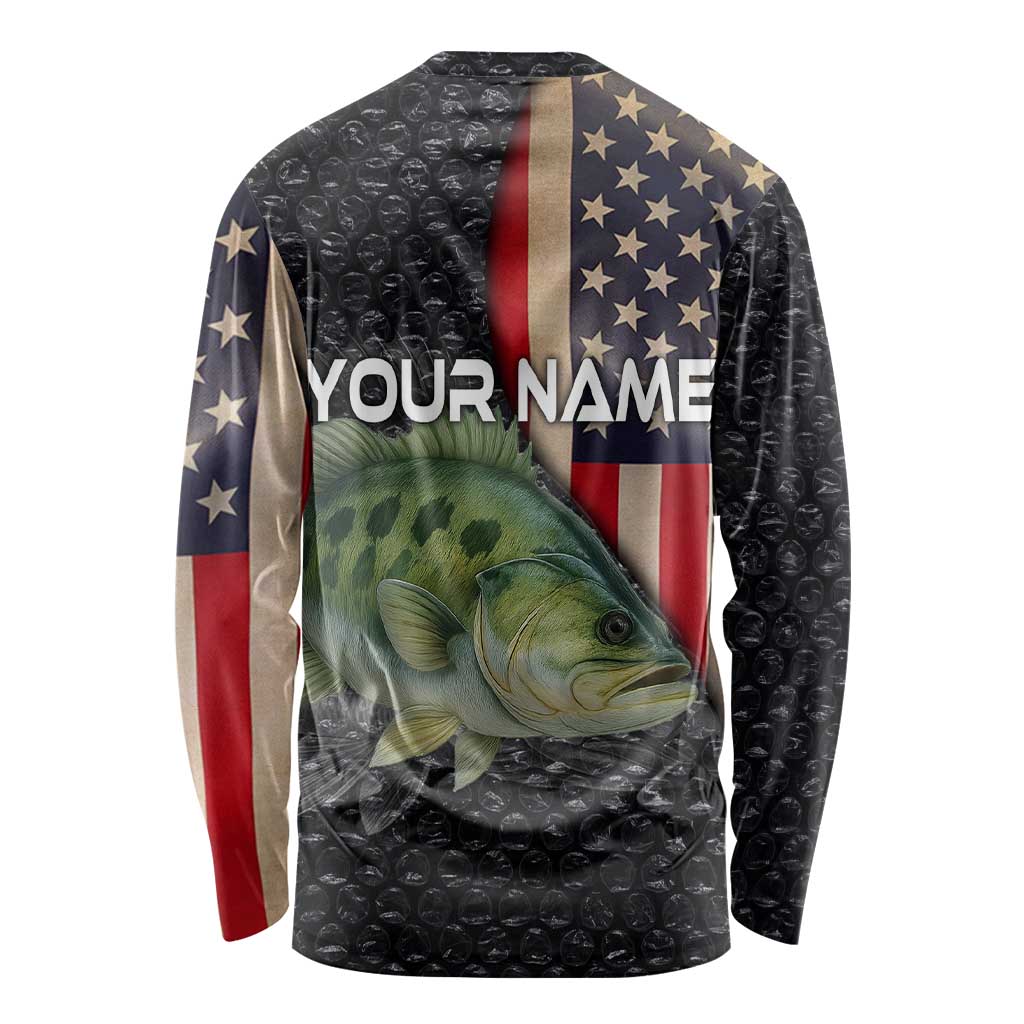Custom Largemouth Bass Fishing Long Sleeve Shirt American Flag and Bubble Texture Background - Wonder Print Shop