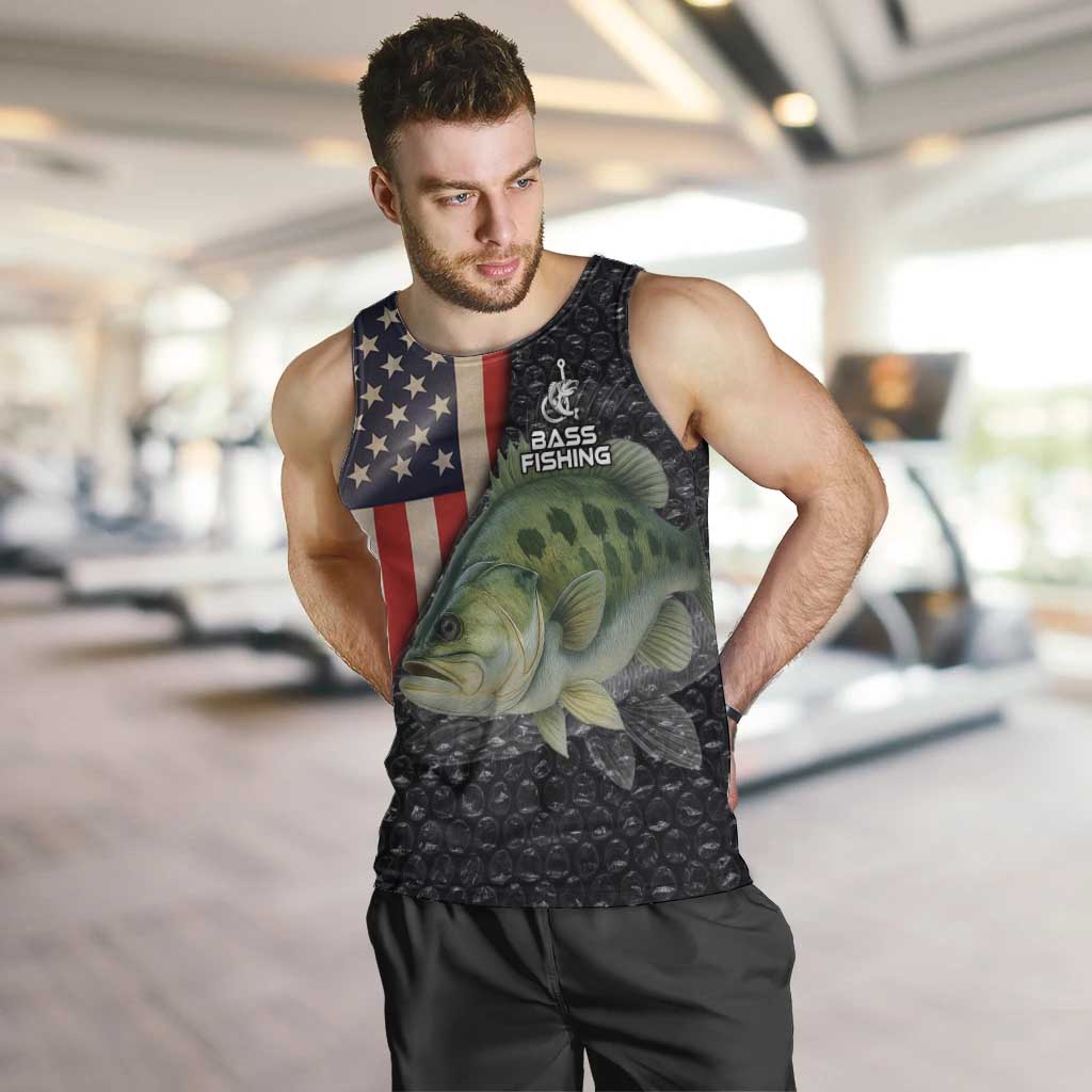 Custom Largemouth Bass Fishing Men Tank Top American Flag and Bubble Texture Background - Wonder Print Shop