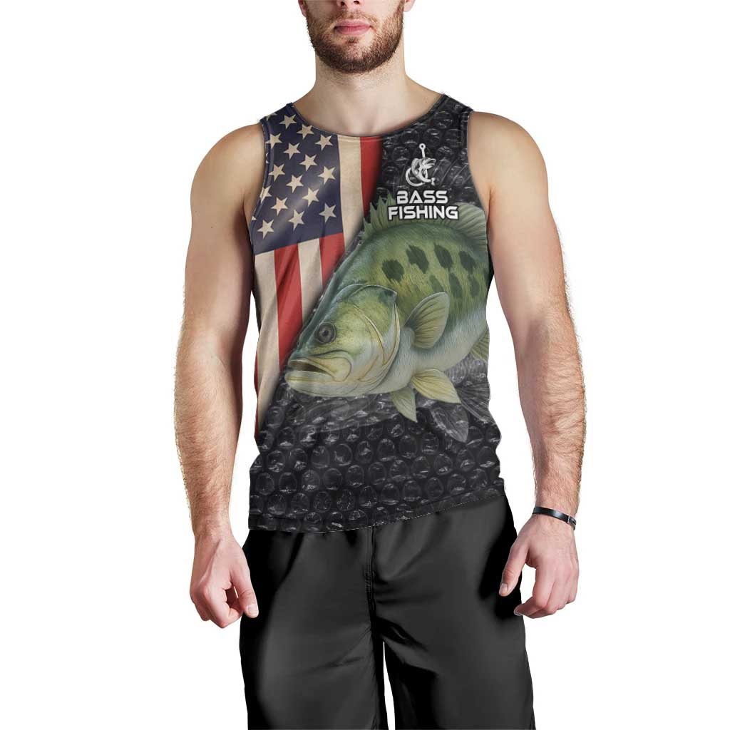 Custom Largemouth Bass Fishing Men Tank Top American Flag and Bubble Texture Background - Wonder Print Shop