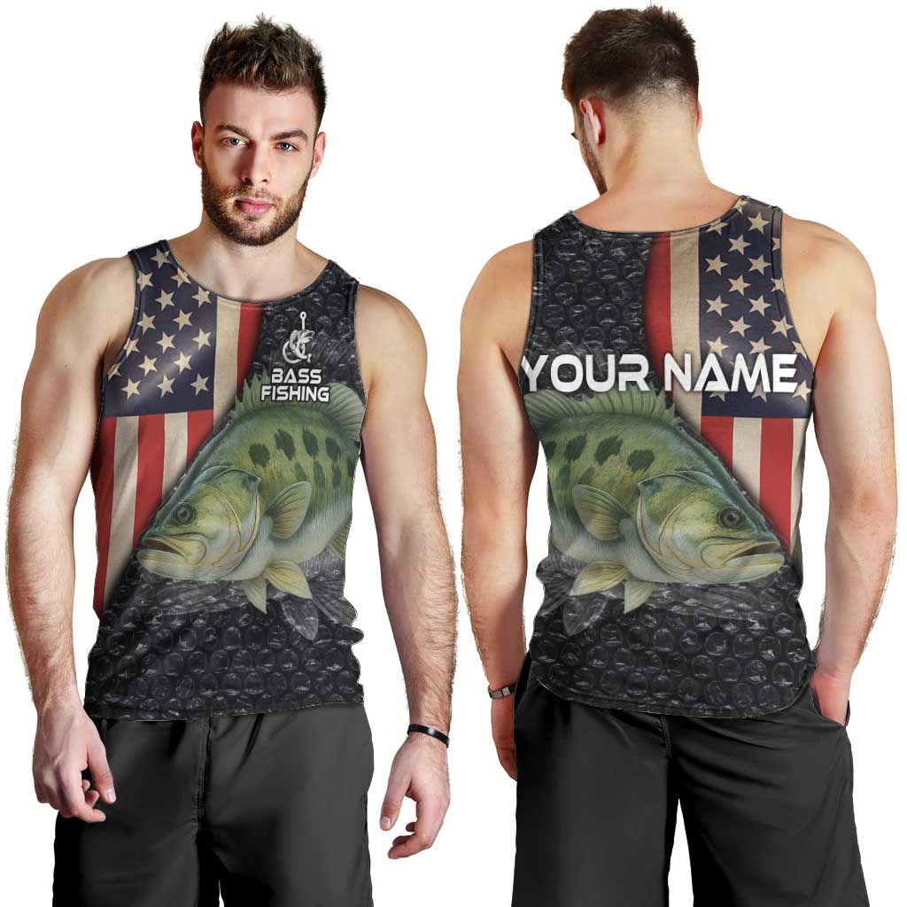 Custom Largemouth Bass Fishing Men Tank Top American Flag and Bubble Texture Background - Wonder Print Shop