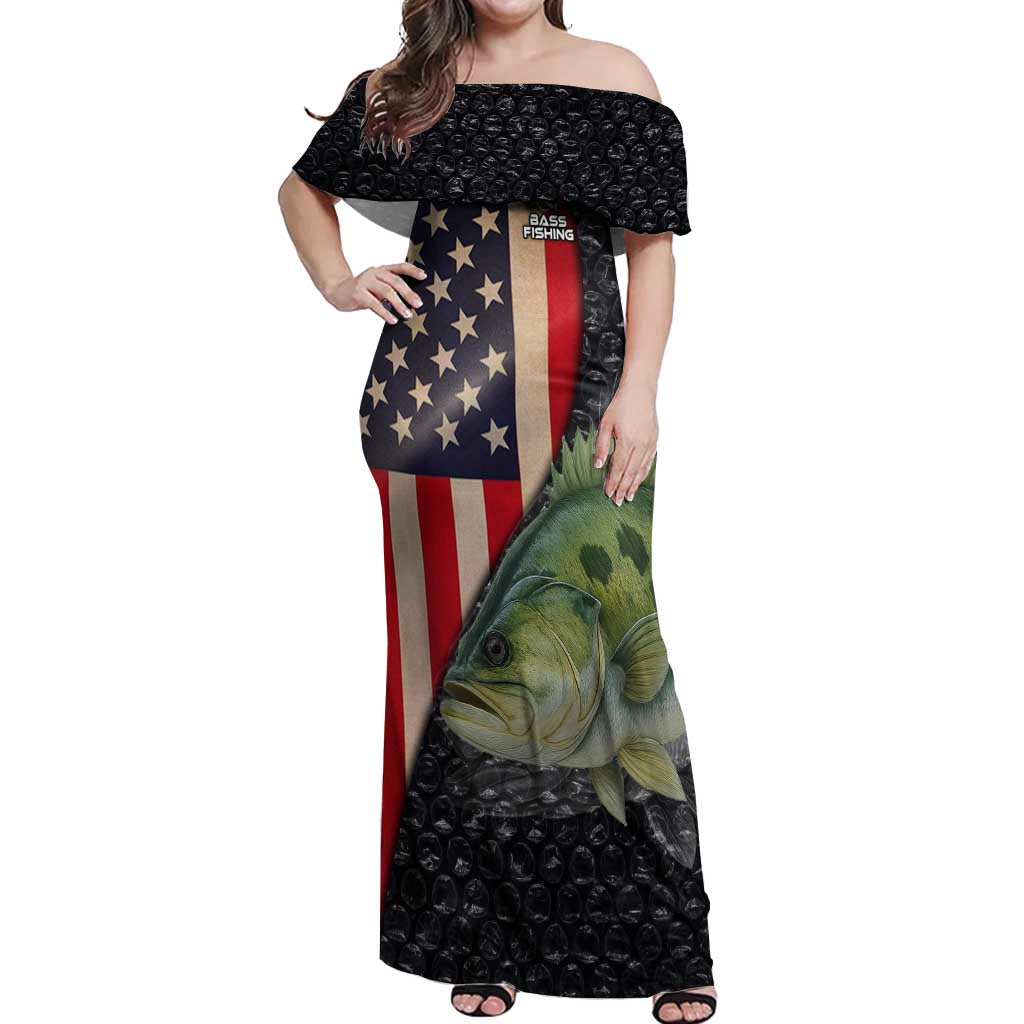Custom Largemouth Bass Fishing Off Shoulder Maxi Dress American Flag and Bubble Texture Background - Wonder Print Shop