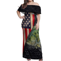 Custom Largemouth Bass Fishing Off Shoulder Maxi Dress American Flag and Bubble Texture Background - Wonder Print Shop