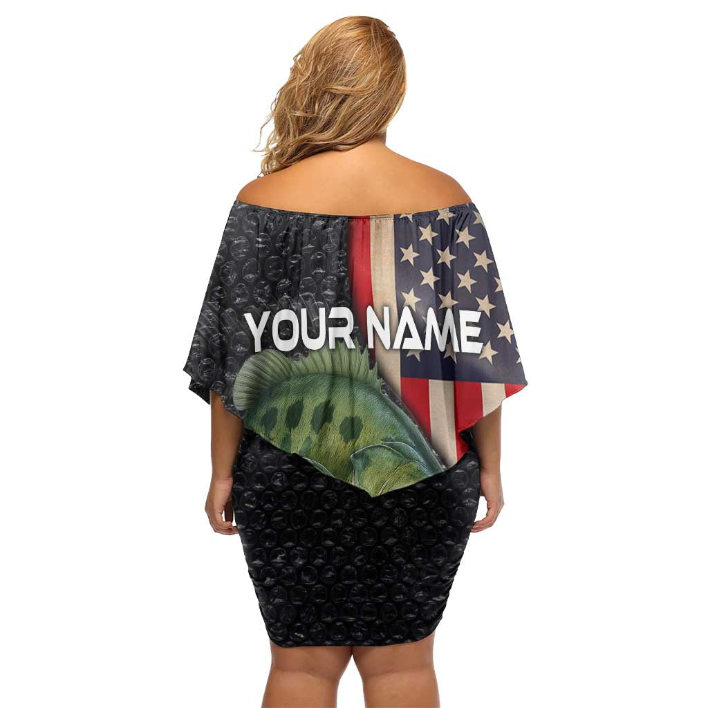 Custom Largemouth Bass Fishing Off Shoulder Short Dress American Flag and Bubble Texture Background - Wonder Print Shop