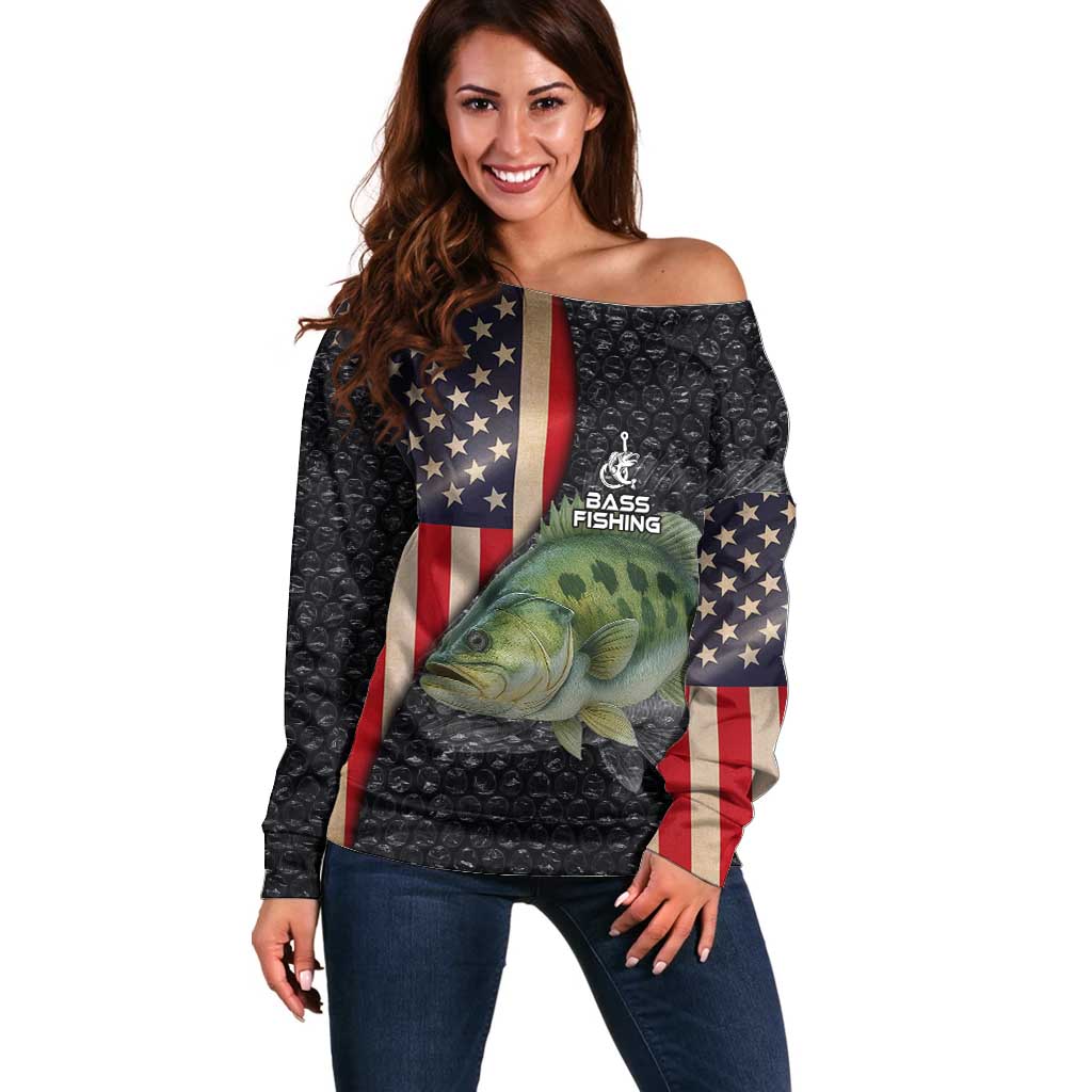 Custom Largemouth Bass Fishing Off Shoulder Sweater American Flag and Bubble Texture Background - Wonder Print Shop
