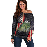 Custom Largemouth Bass Fishing Off Shoulder Sweater American Flag and Bubble Texture Background - Wonder Print Shop