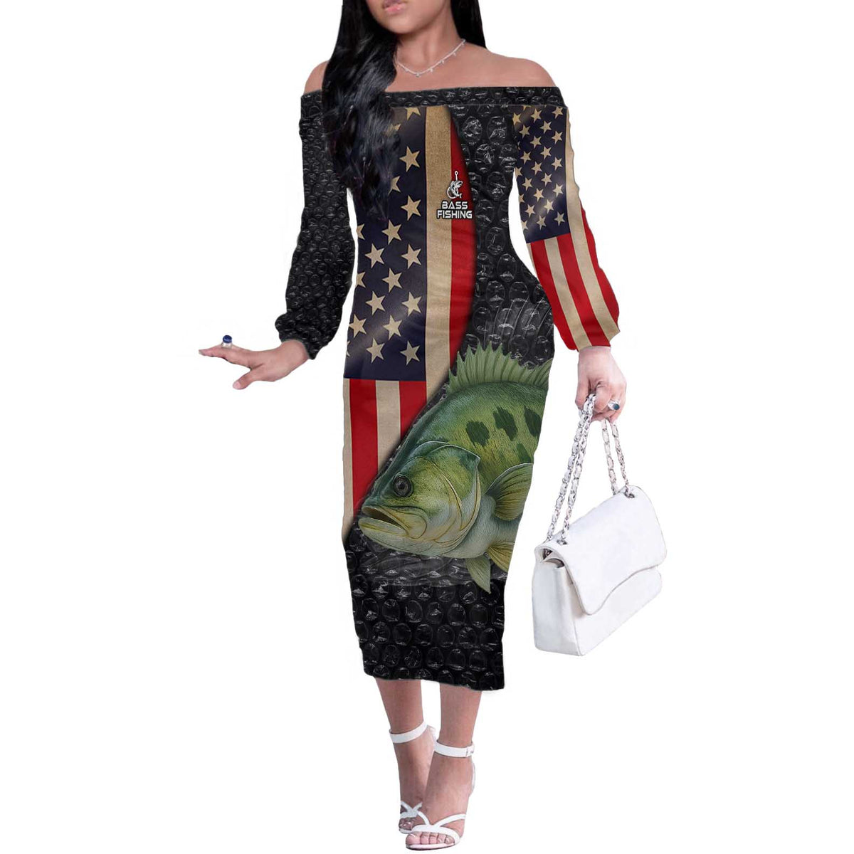 Custom Largemouth Bass Fishing Off The Shoulder Long Sleeve Dress American Flag and Bubble Texture Background - Wonder Print Shop