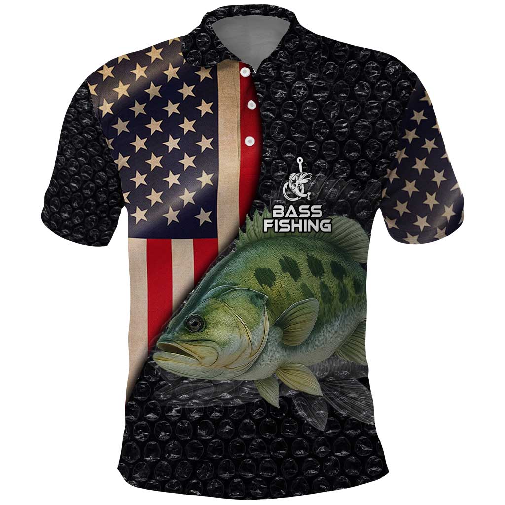 Custom Largemouth Bass Fishing Polo Shirt American Flag and Bubble Texture Background - Wonder Print Shop