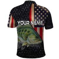 Custom Largemouth Bass Fishing Polo Shirt American Flag and Bubble Texture Background - Wonder Print Shop