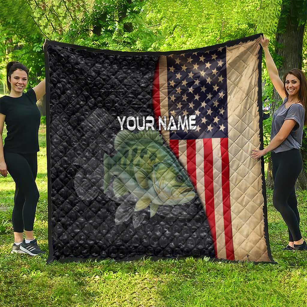 Custom Largemouth Bass Fishing Quilt American Flag and Bubble Texture Background - Wonder Print Shop
