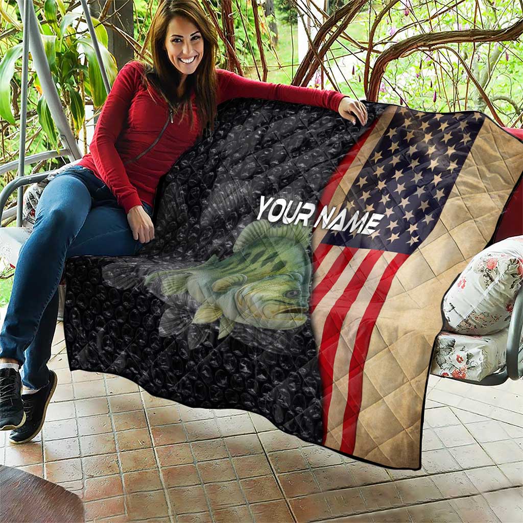 Custom Largemouth Bass Fishing Quilt American Flag and Bubble Texture Background - Wonder Print Shop
