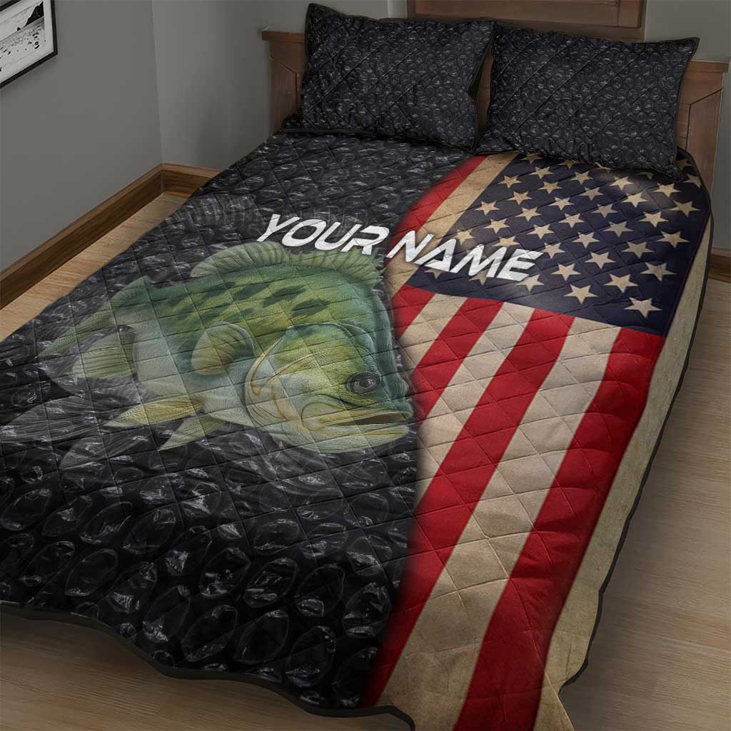 Custom Largemouth Bass Fishing Quilt Bed Set American Flag and Bubble Texture Background - Wonder Print Shop