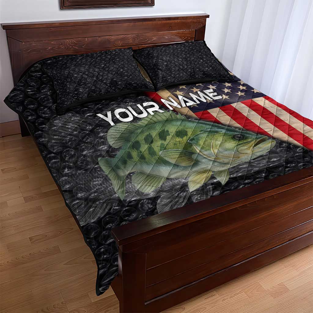 Custom Largemouth Bass Fishing Quilt Bed Set American Flag and Bubble Texture Background - Wonder Print Shop
