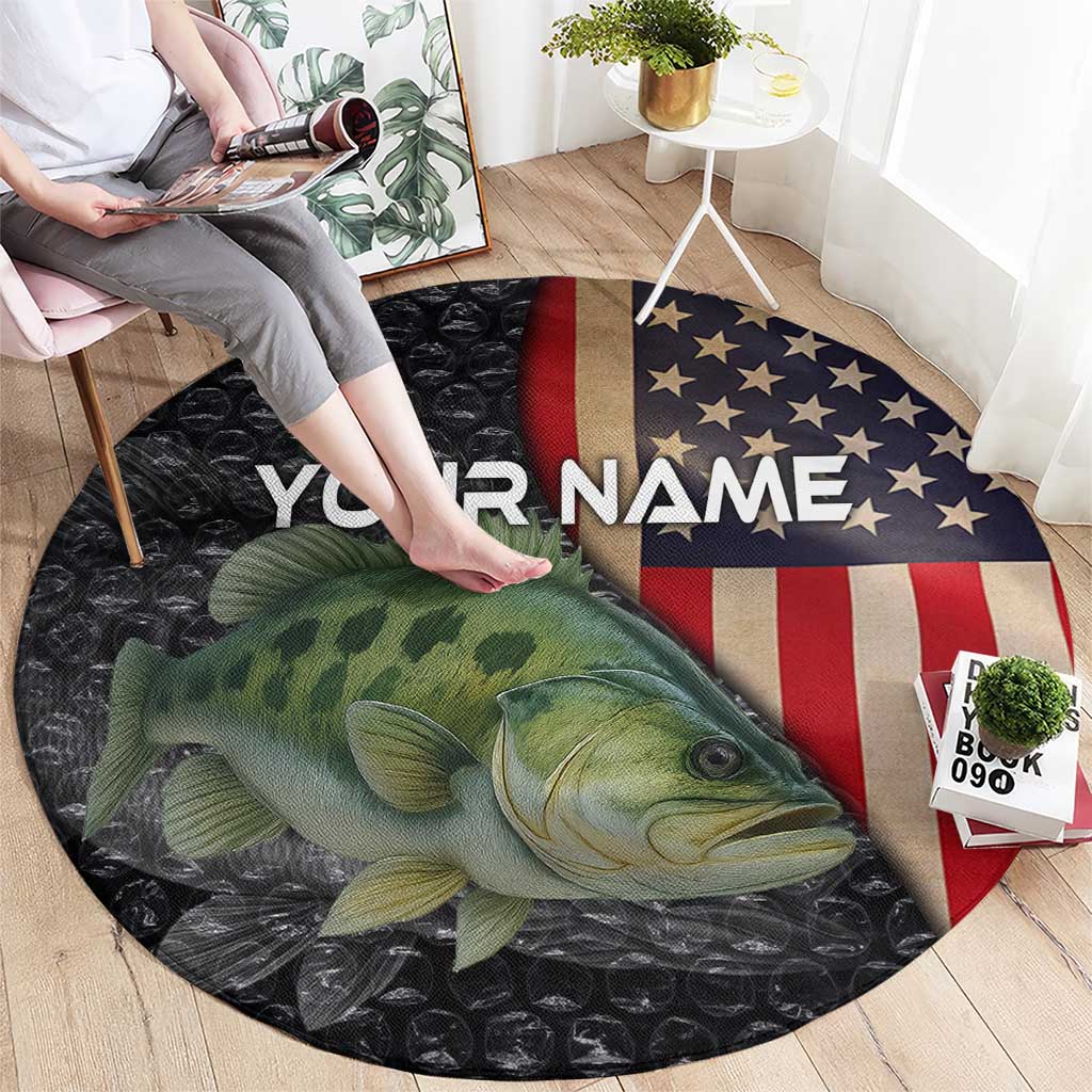 Custom Largemouth Bass Fishing Round Carpet American Flag and Bubble Texture Background - Wonder Print Shop