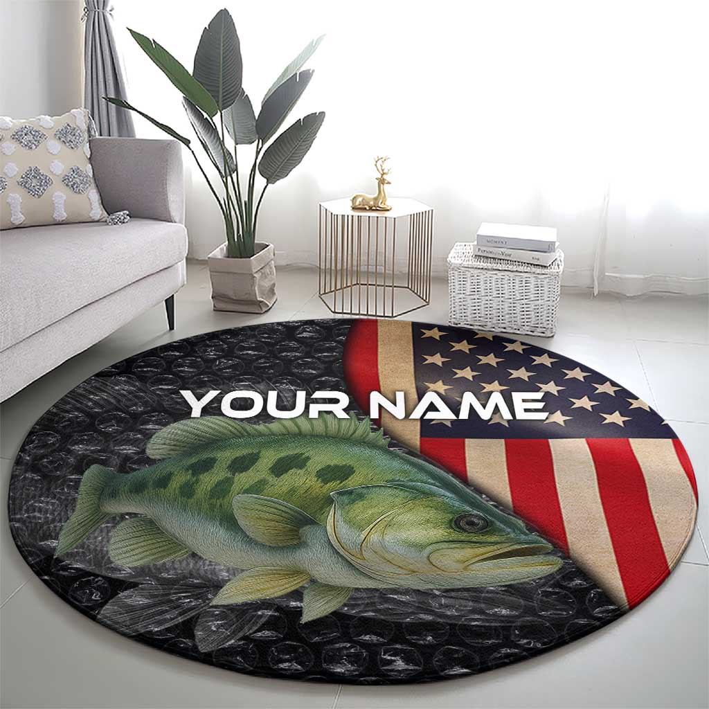 Custom Largemouth Bass Fishing Round Carpet American Flag and Bubble Texture Background - Wonder Print Shop