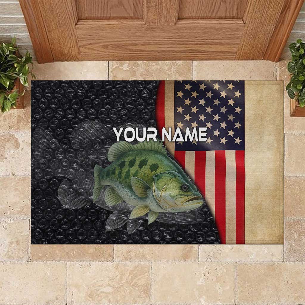 Custom Largemouth Bass Fishing Rubber Doormat American Flag and Bubble Texture Background - Wonder Print Shop