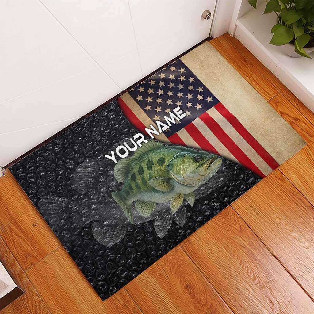 Custom Largemouth Bass Fishing Rubber Doormat American Flag and Bubble Texture Background - Wonder Print Shop