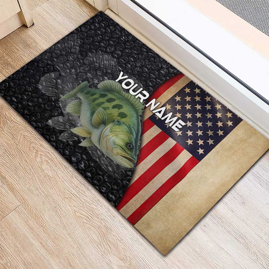 Custom Largemouth Bass Fishing Rubber Doormat American Flag and Bubble Texture Background - Wonder Print Shop