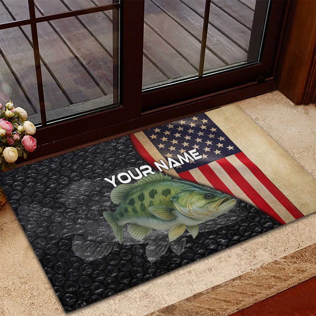 Custom Largemouth Bass Fishing Rubber Doormat American Flag and Bubble Texture Background - Wonder Print Shop