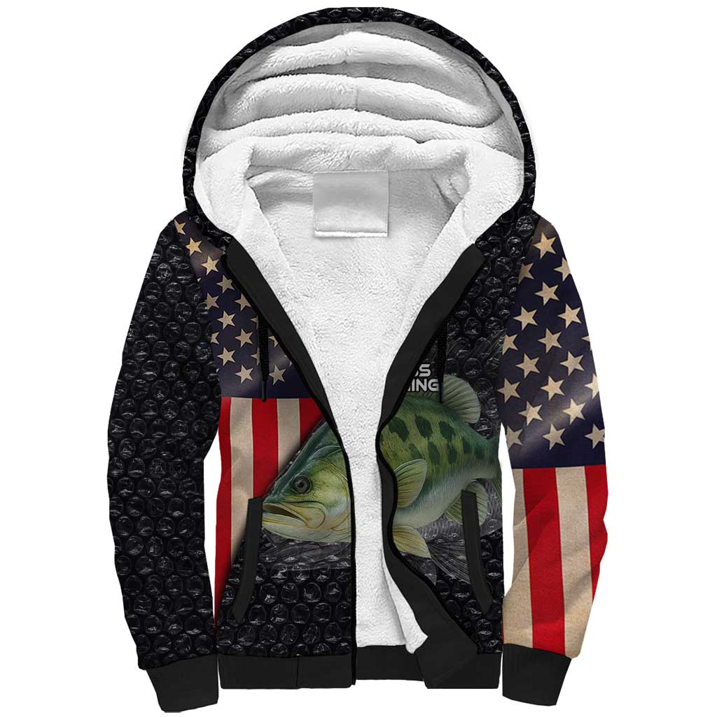 Custom Largemouth Bass Fishing Sherpa Hoodie American Flag and Bubble Texture Background - Wonder Print Shop