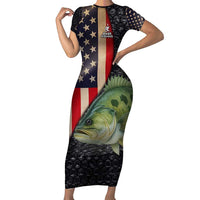 Custom Largemouth Bass Fishing Short Sleeve Bodycon Dress American Flag and Bubble Texture Background - Wonder Print Shop