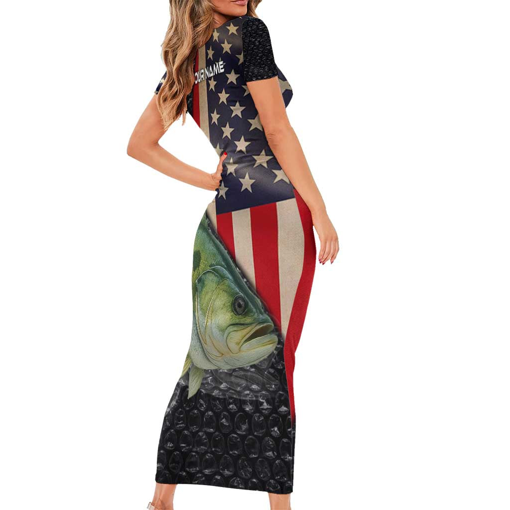 Custom Largemouth Bass Fishing Short Sleeve Bodycon Dress American Flag and Bubble Texture Background - Wonder Print Shop