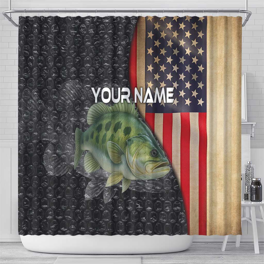 Custom Largemouth Bass Fishing Shower Curtain American Flag and Bubble Texture Background - Wonder Print Shop