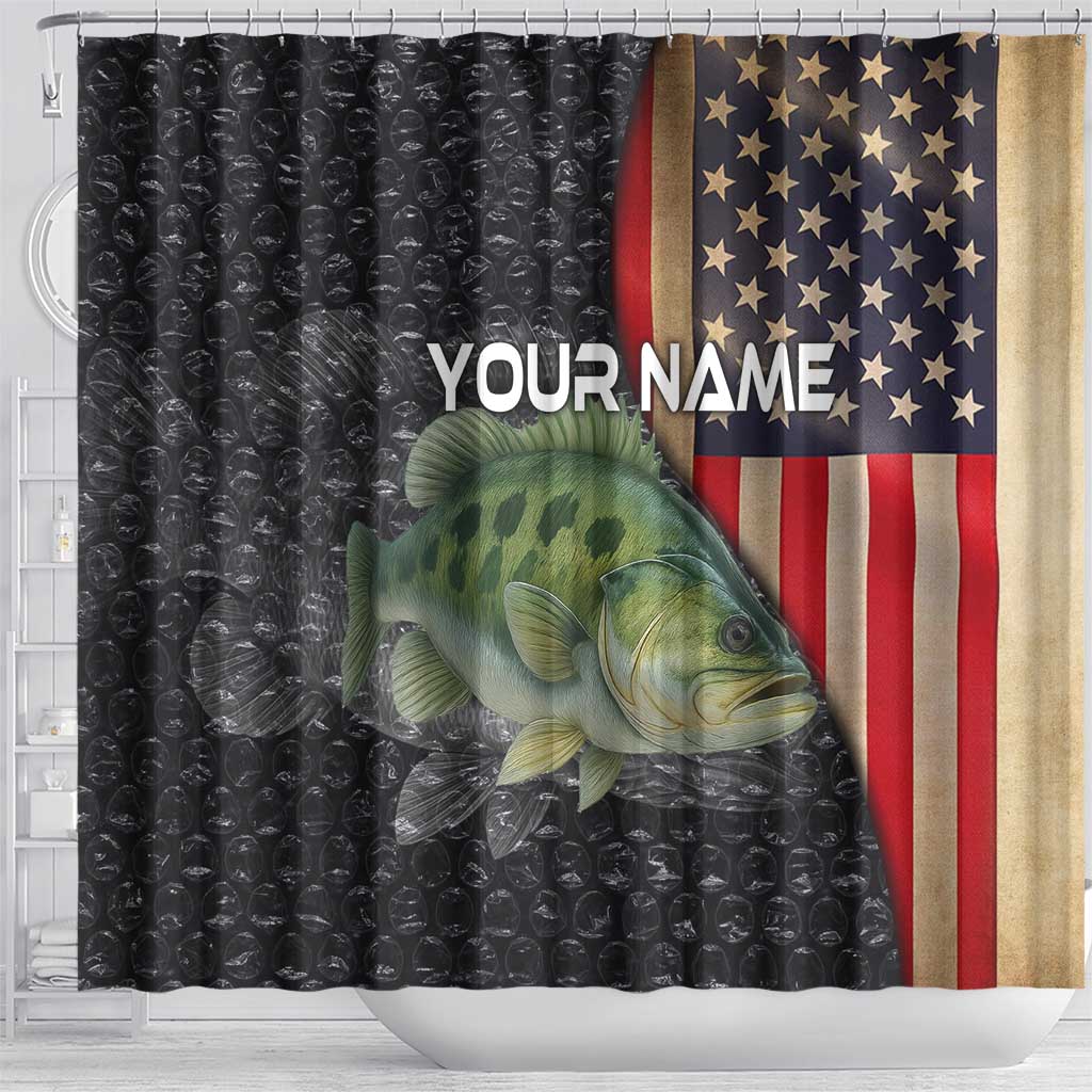 Custom Largemouth Bass Fishing Shower Curtain American Flag and Bubble Texture Background - Wonder Print Shop