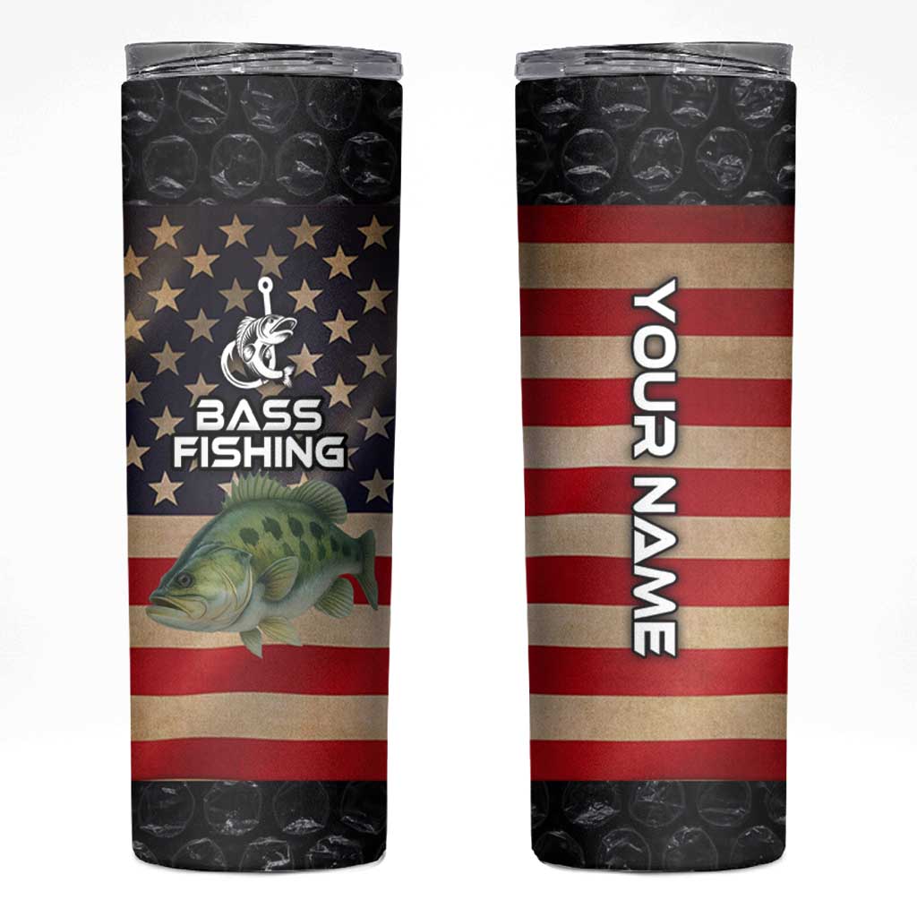 Custom Largemouth Bass Fishing Skinny Tumbler American Flag and Bubble Texture Background - Wonder Print Shop