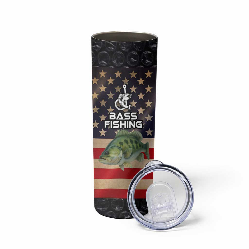 Custom Largemouth Bass Fishing Skinny Tumbler American Flag and Bubble Texture Background - Wonder Print Shop