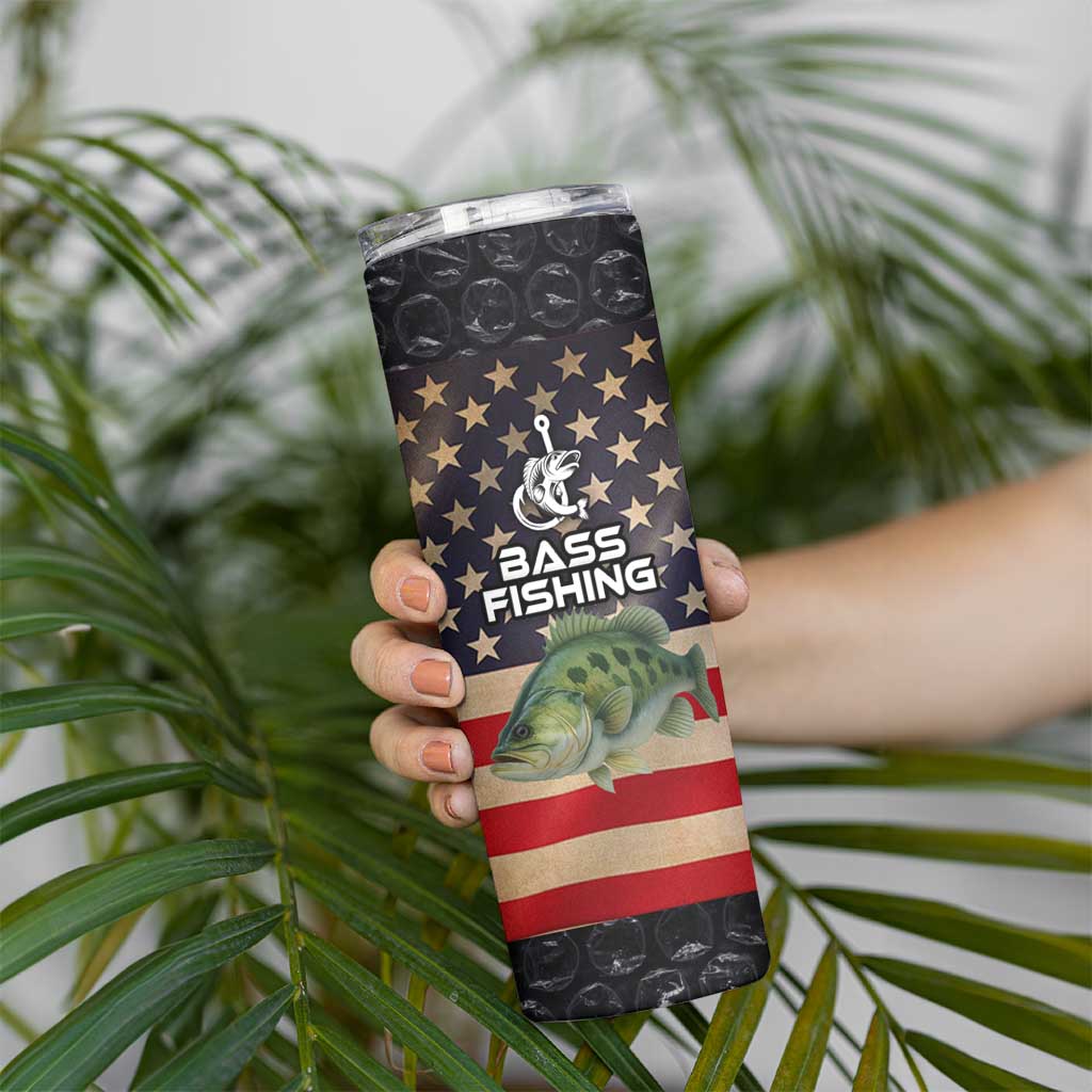 Custom Largemouth Bass Fishing Skinny Tumbler American Flag and Bubble Texture Background - Wonder Print Shop