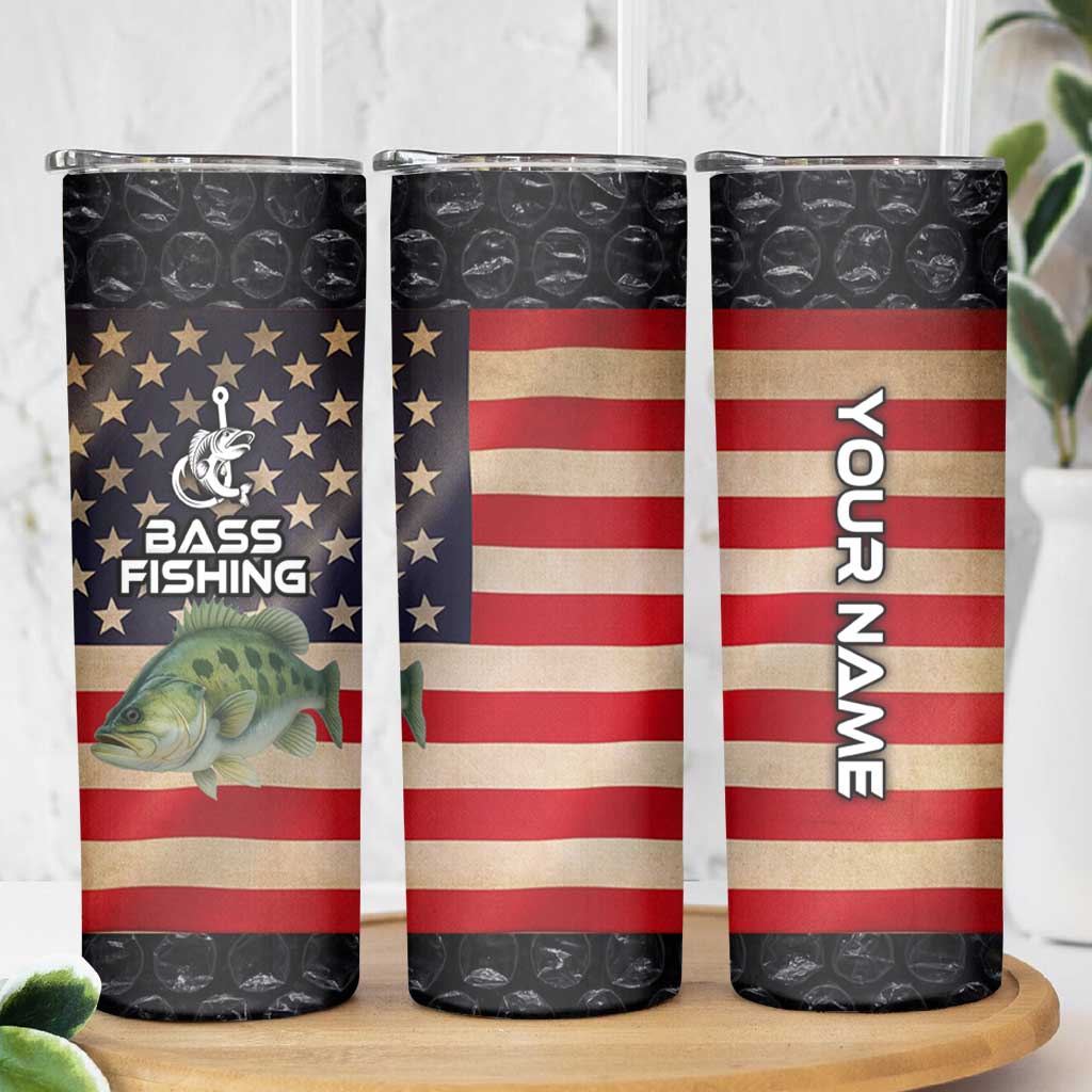 Custom Largemouth Bass Fishing Skinny Tumbler American Flag and Bubble Texture Background - Wonder Print Shop
