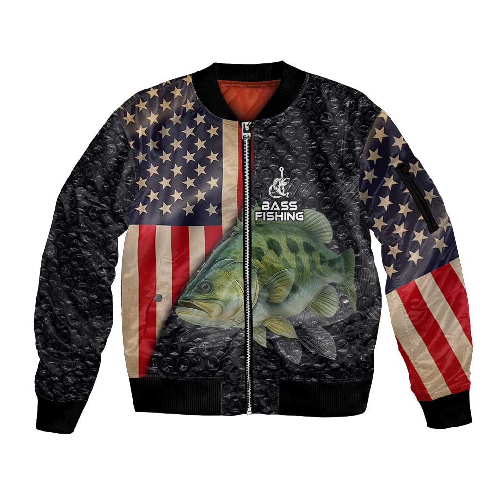 Custom Largemouth Bass Fishing Sleeve Zip Bomber Jacket American Flag and Bubble Texture Background - Wonder Print Shop