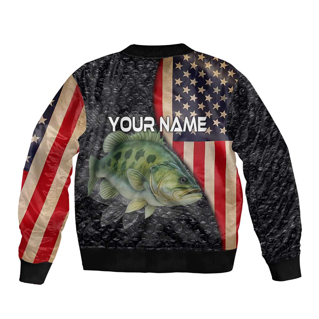 Custom Largemouth Bass Fishing Sleeve Zip Bomber Jacket American Flag and Bubble Texture Background - Wonder Print Shop