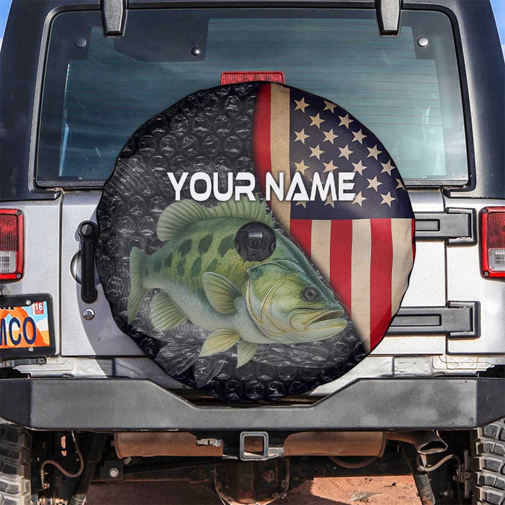 Custom Largemouth Bass Fishing Spare Tire Cover American Flag and Bubble Texture Background - Wonder Print Shop