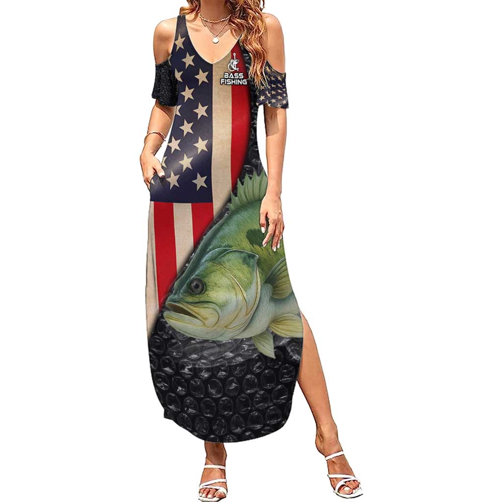 Custom Largemouth Bass Fishing Summer Maxi Dress American Flag and Bubble Texture Background - Wonder Print Shop