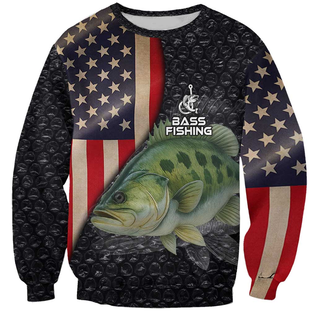 Custom Largemouth Bass Fishing Sweatshirt American Flag and Bubble Texture Background - Wonder Print Shop