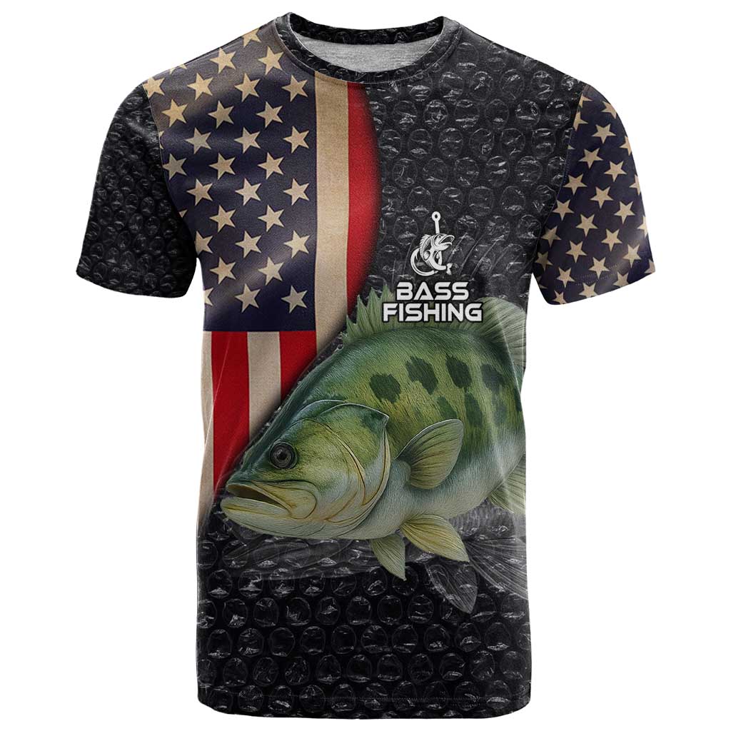 Custom Largemouth Bass Fishing T Shirt American Flag and Bubble Texture Background - Wonder Print Shop
