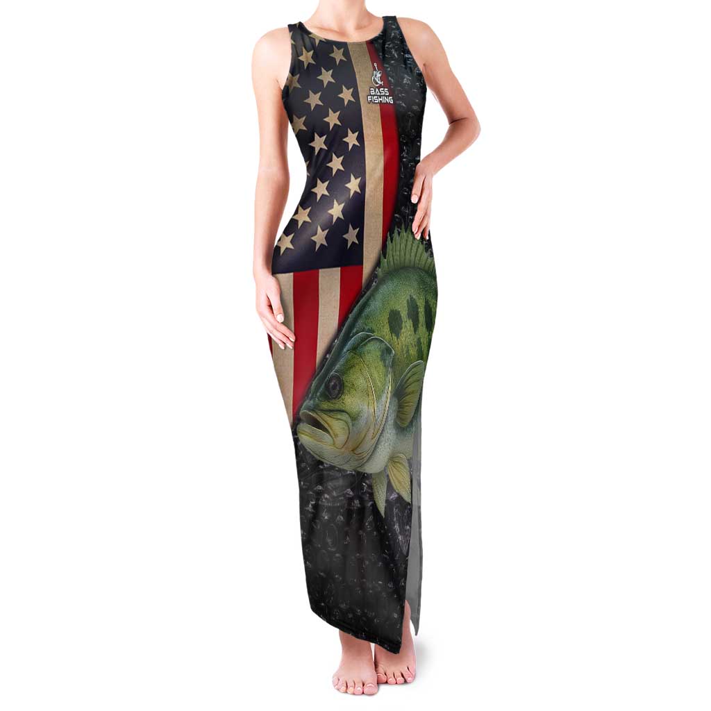 Custom Largemouth Bass Fishing Tank Maxi Dress American Flag and Bubble Texture Background - Wonder Print Shop