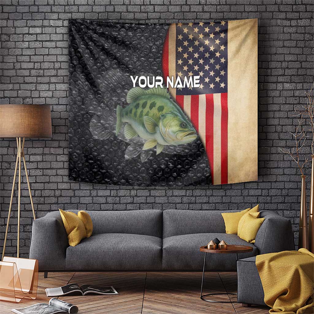 Custom Largemouth Bass Fishing Tapestry American Flag and Bubble Texture Background - Wonder Print Shop