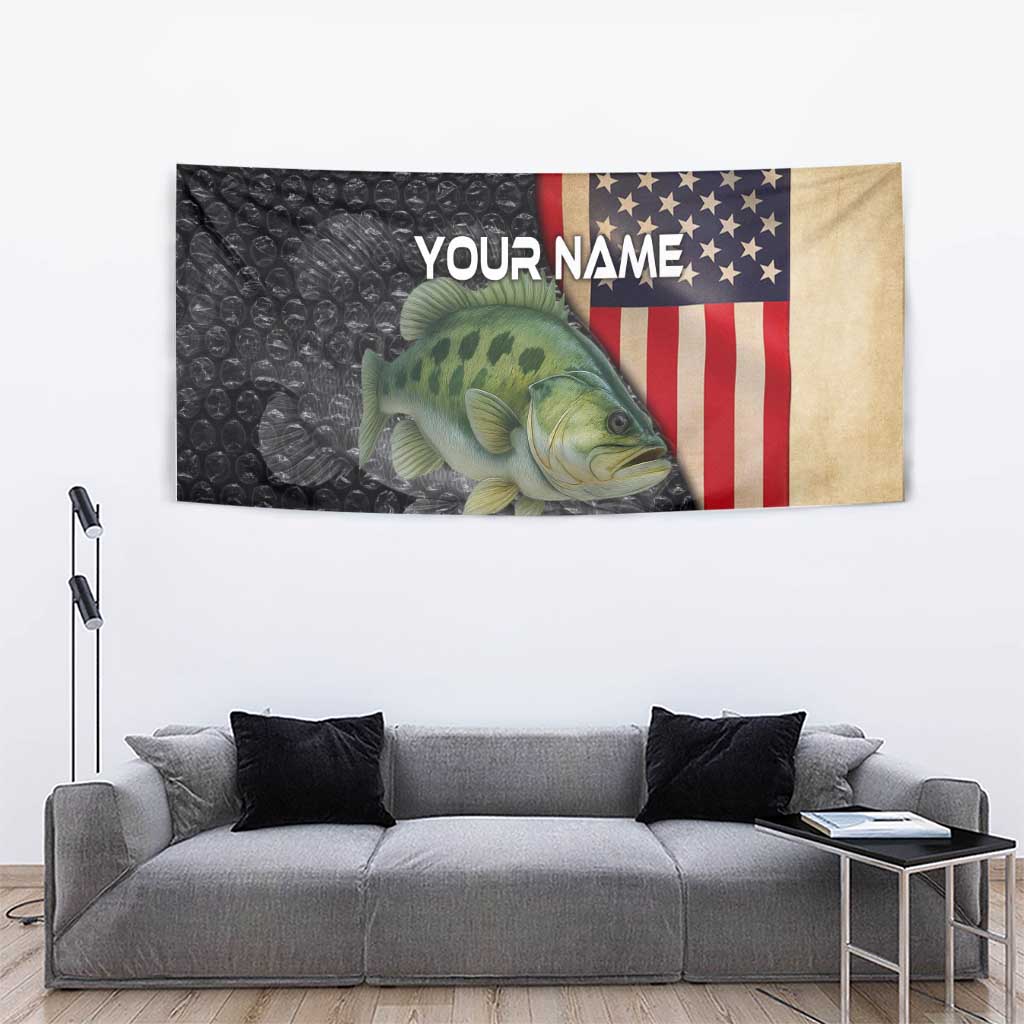 Custom Largemouth Bass Fishing Tapestry American Flag and Bubble Texture Background - Wonder Print Shop
